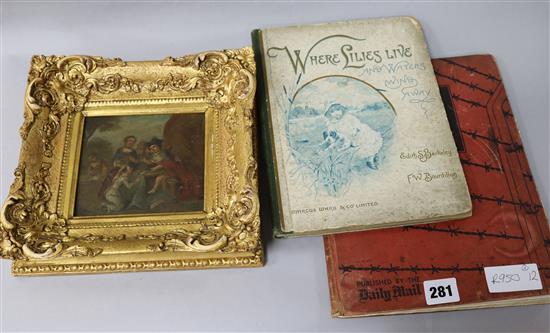 An oil of figures and two books